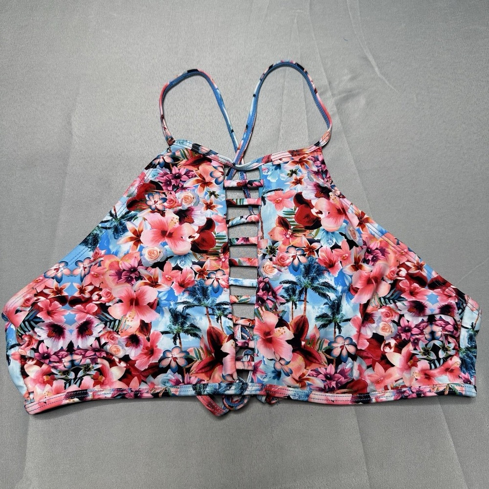 Catalina High Neck Racerback Swim Top Large Tropical Ladder Front Bright Beachy